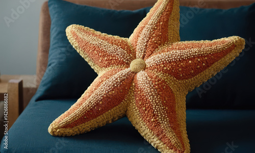 Obraz na płótnie A starfish-shaped pillow sitting on a blue couch, perfect for decorative purposes w salonie