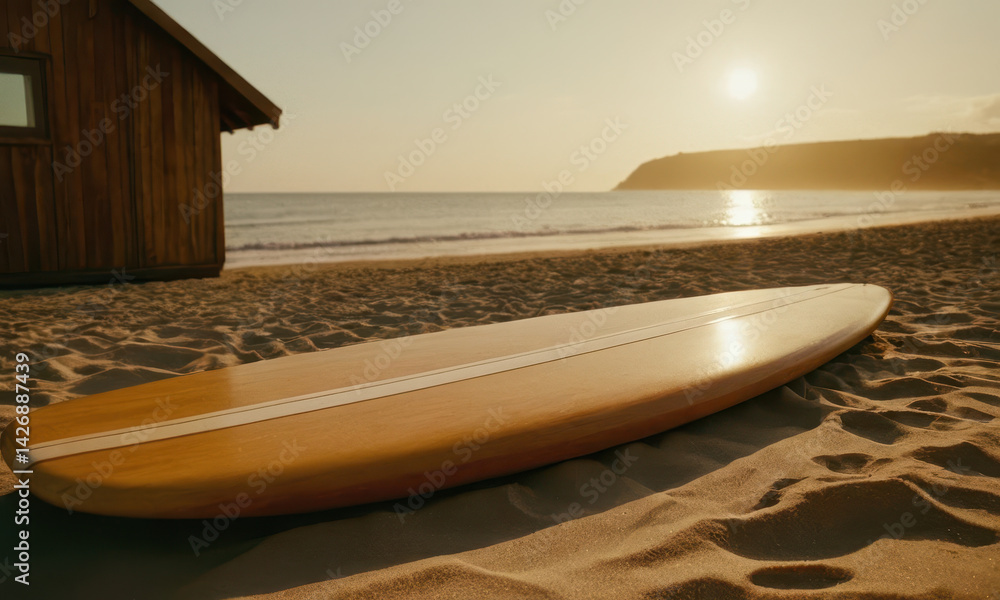 A surfboard lying on the sandy beach, ready for its next ride