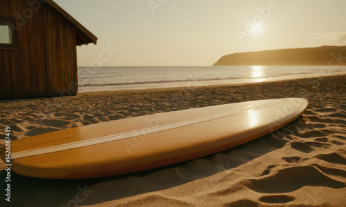 Obraz na płótnie A surfboard lying on the sandy beach, ready for its next ride w salonie