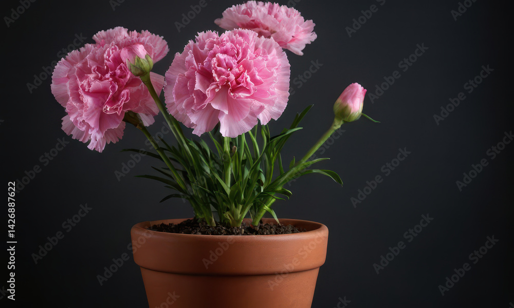 A vase with pink carnations placed inside a clay pot against a black background A vase with pink carnations placed inside a clay pot against a black background