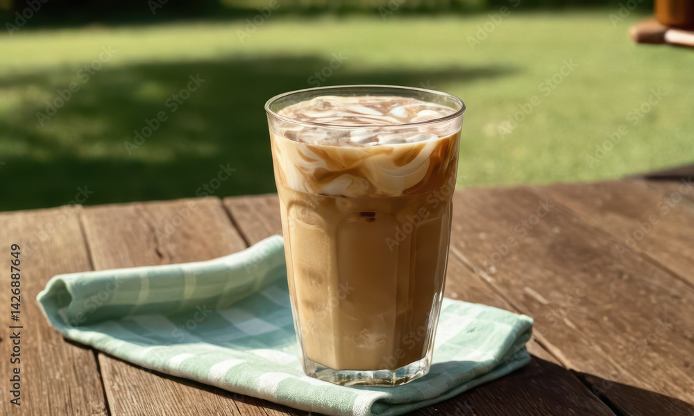 A glass of iced coffee sits on top of a wooden table, perfect for a relaxing break