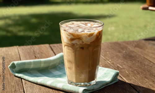 Obraz na płótnie A glass of iced coffee sits on top of a wooden table, perfect for a relaxing break w salonie