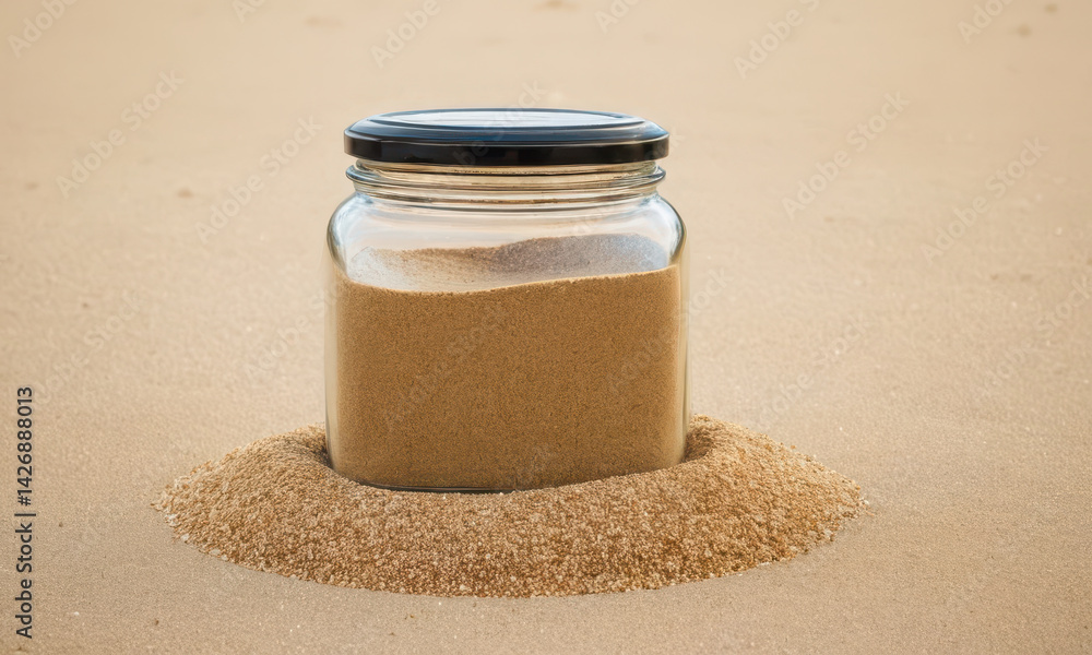 A glass jar filled with sand on a peaceful beach scene