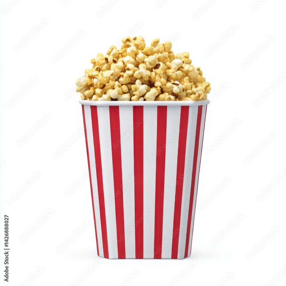 A red and white striped container filled to the brim with popcorn on white background A red and white striped container filled to the brim with popcorn on white background