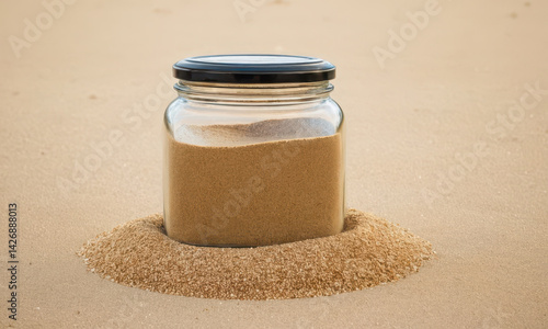 Obraz na płótnie A glass jar filled with sand on a peaceful beach scene w salonie