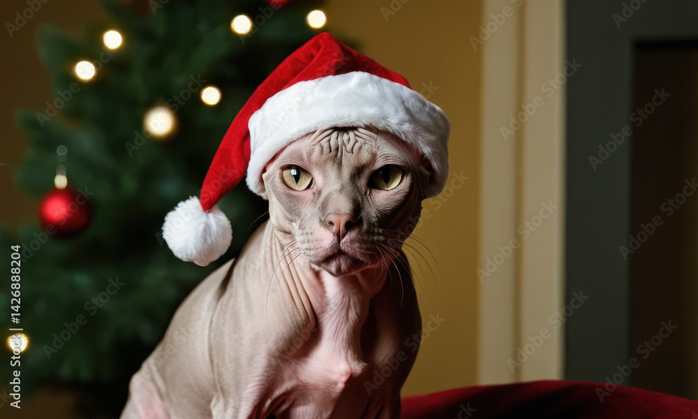 A cat sitting on a couch wearing a Santa hat, perfect for holiday-themed images or humorous illustrations