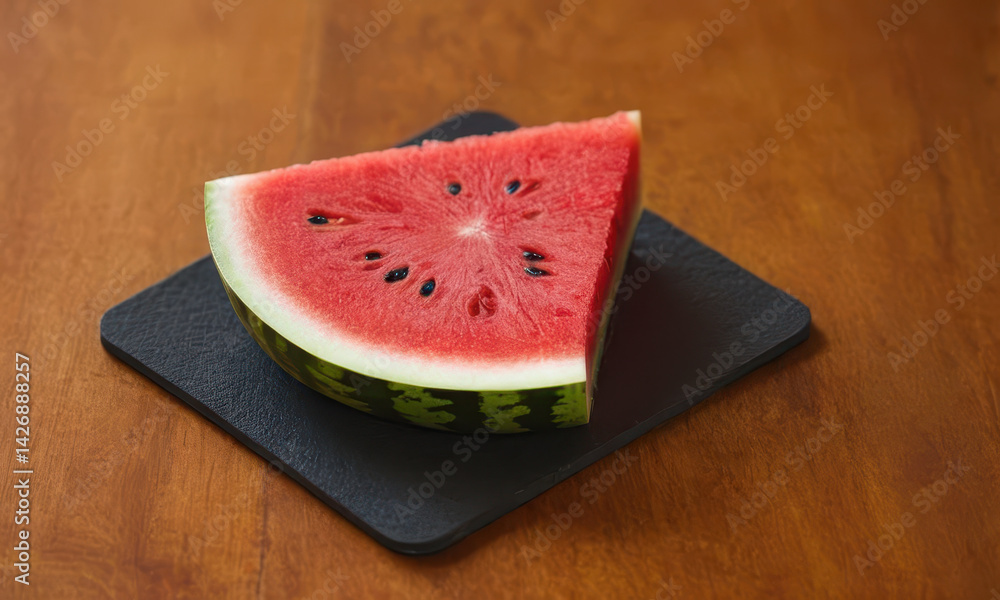 Fresh watermelon slice served on a dark plate, perfect for a summer snack or photography prop