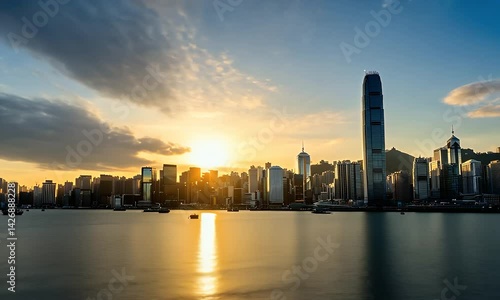Wallpaper Mural Cityscape at sunset with reflective water, showing a dense skyline and glowing clouds in a warm light Torontodigital.ca