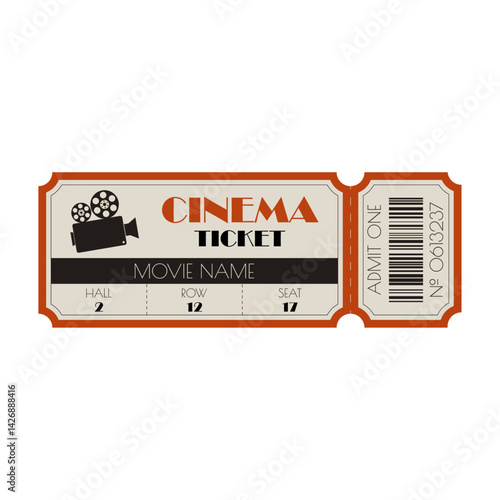 Cinema ticket template in vintage colors. Retro movies admission. Movie theatre access coupon with text stylisation