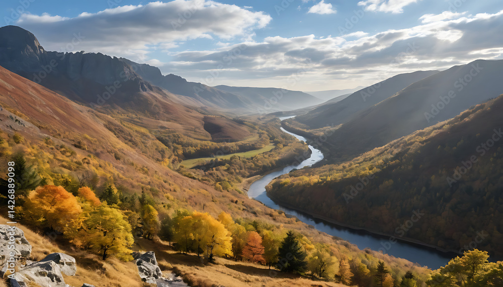 Illustration of a beautiful autumn mountain valley with golden colors and winding rivers. Illustration of a beautiful autumn mountain valley with golden colors and winding rivers.
