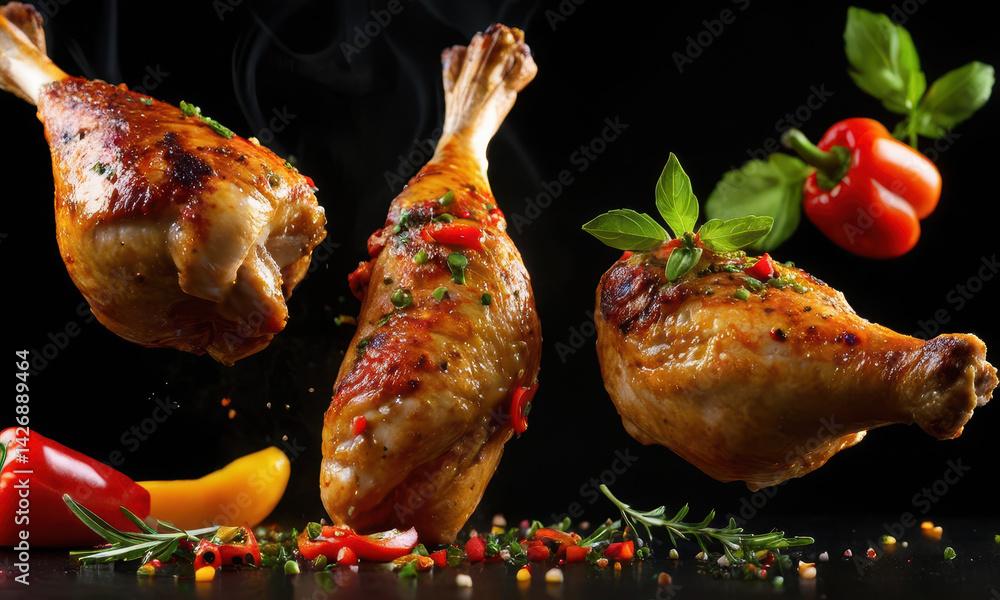 A group of roasted chickens placed on a dark background