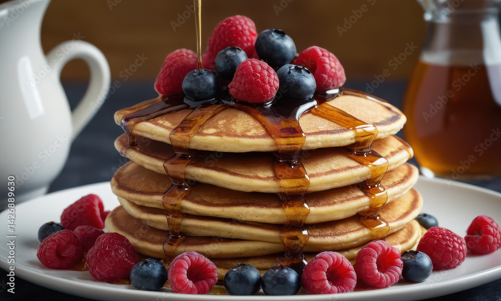 Freshly made pancakes served with sweet syrup and mixed berries on a plate, perfect for breakfast or brunch
