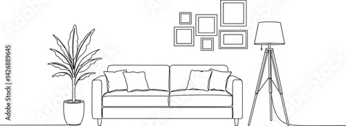 Continuous line interior with sofa, plan and floor lamp. One line drawing of Living room with modern furniture editable stroke. 