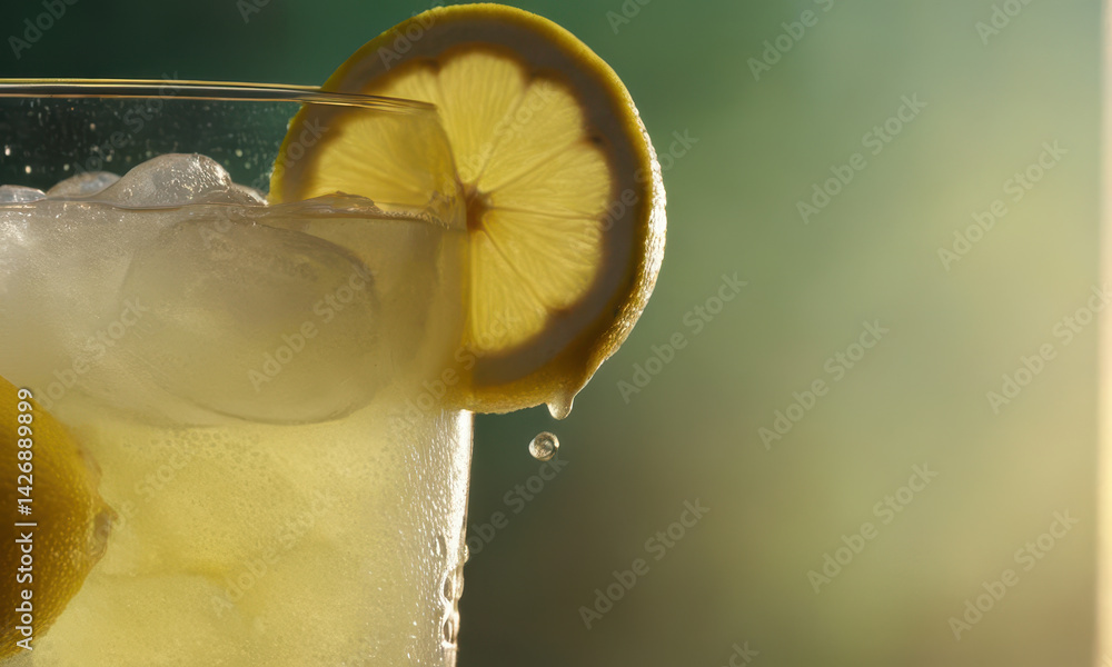 Freshly squeezed lemonade served over ice with a slice of lemon