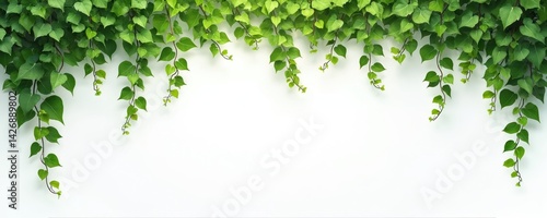 Lush green ivy leaves cascade over white background. Creates vibrant natural border, fresh spring mood. Vine plant foliage with healthy growth. Nature decoration for eco design, wellness projects.