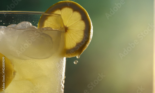 Obraz na płótnie Freshly squeezed lemonade served over ice with a slice of lemon w salonie