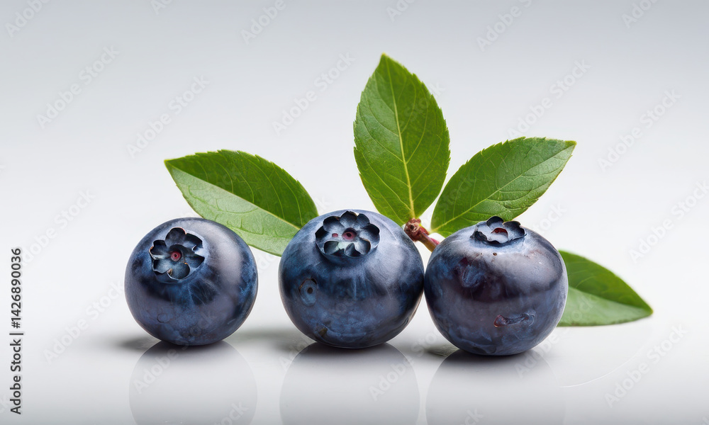 Fresh blueberries with green leaves on a clean white surface Fresh blueberries with green leaves on a clean white surface