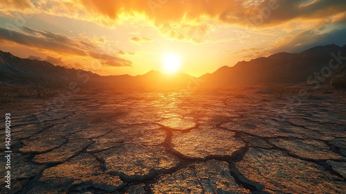 A dramatic sunset over a dry, cracked landscape, with vibrant orange and red hues illuminating the sky and the ground