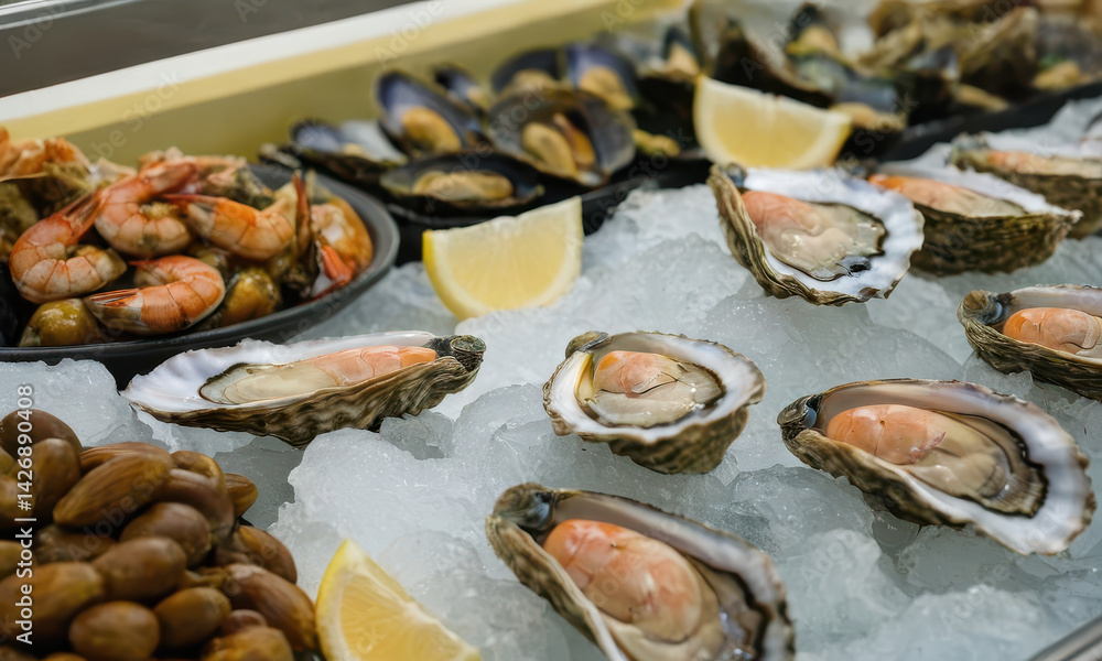 Fresh seafood platter featuring oysters and shrimp served on ice with lemon wedges