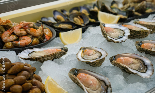 Fresh seafood platter featuring oysters and shrimp served on ice with lemon wedges