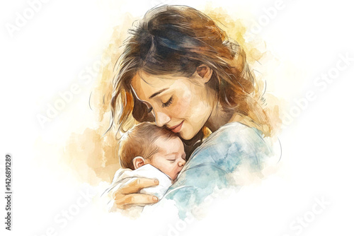 Watercolor illustration of a loving mother and her sleeping child
