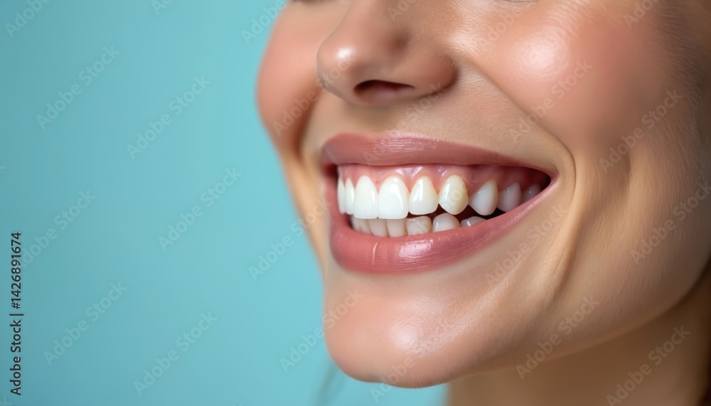 Obraz premium Beautiful healthy smile woman with white teeth closeup. Perfect teeth dental care, tooth whitening, dental clinic service advertisement. Smiling face, lip, make-up. Aesthetic dentistry, cosmetic
