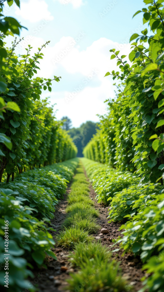 Green farm field with rows of crops under a blue sky. Green farm field with rows of crops under a blue sky.