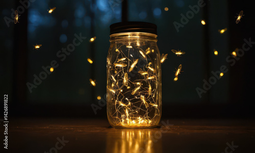 Obraz na płótnie A glass jar filled with fairy lights sits on a table, ready to add ambiance to any room w salonie