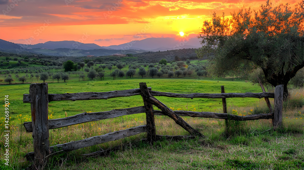 Fototapeta premium Rustic Countryside Fence at Sunset