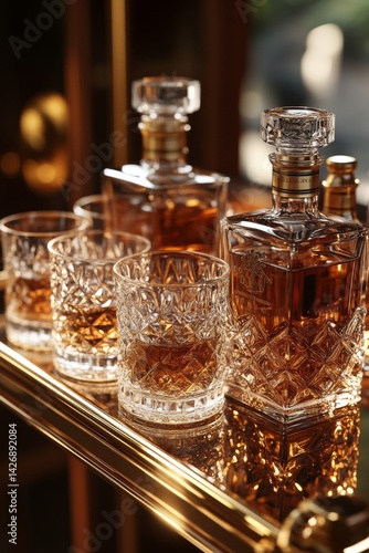 Wallpaper Mural opulent gold bar cart with crystal decanters and premium whiskey bottles, rich mahogany background, warm golden light reflecting off glass, sophisticated luxury drinking scene  Torontodigital.ca