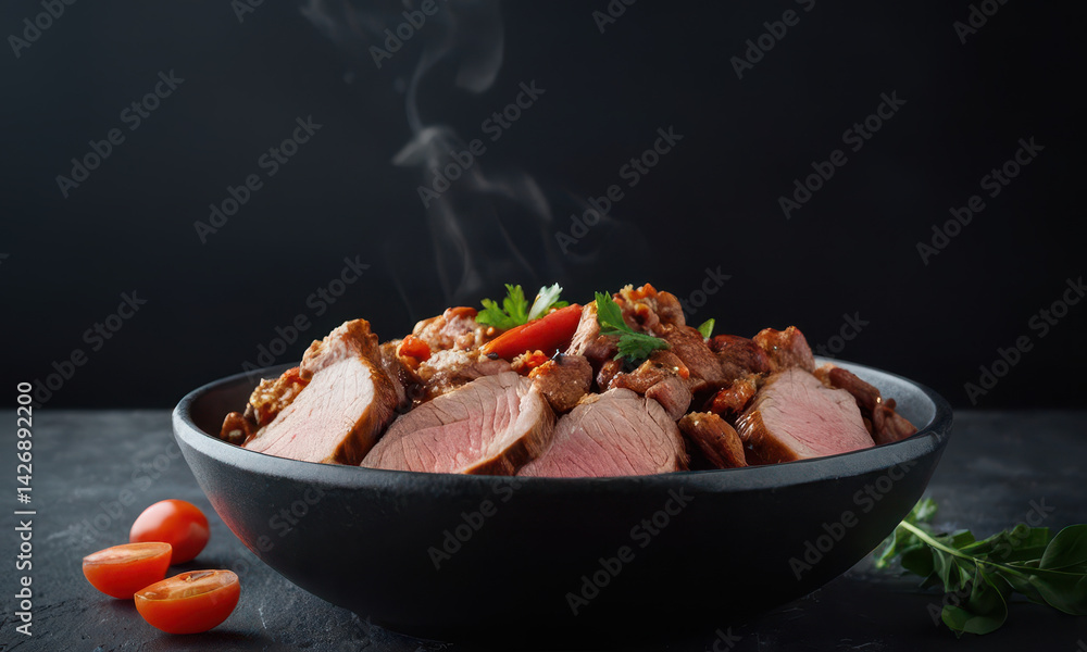A black bowl filled with various meats and vegetables, great for cooking or serving