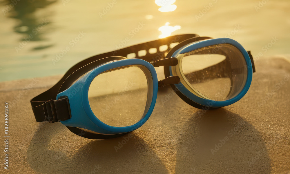 Goggles sit next to a swimming pool, perfect for illustration or graphic use