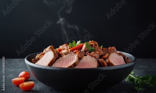 Obraz na płótnie A black bowl filled with various meats and vegetables, great for cooking or serving w salonie
