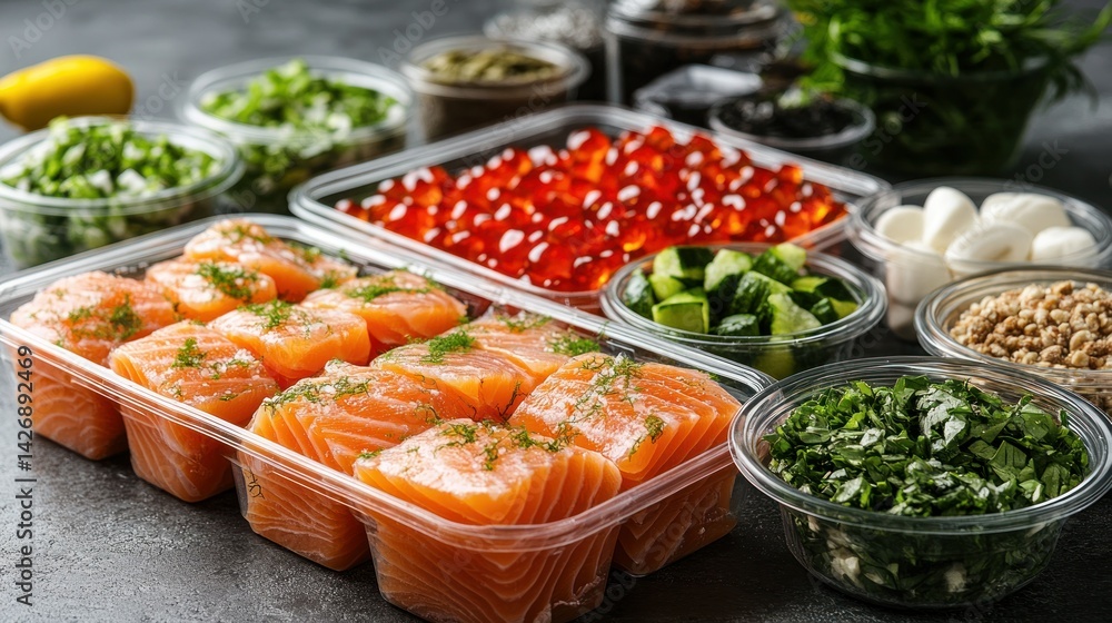 Prepared salmon and healthy ingredients for meal prep Prepared salmon and healthy ingredients for meal prep