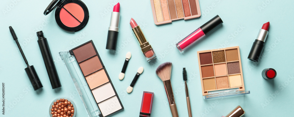 Beauty products on blue background. Cosmetic palette, brushes, cream and lipsticks. Long banner format.
