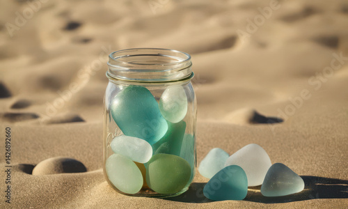 Obraz na płótnie A jar filled with colorful sea glass sits on the sandy beach, perfect for coastal or ocean-themed designs w salonie