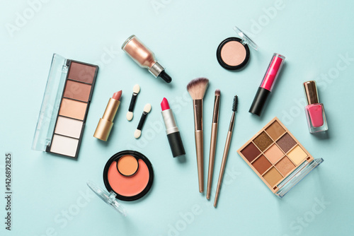 Obraz na płótnie Beauty products for professional make up on blue background. Flat lay. w salonie
