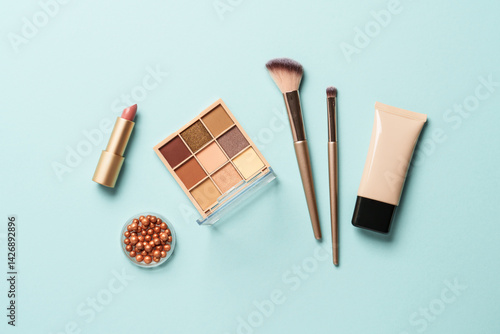 Obraz na płótnie Beauty products for professional make up on blue background. Flat lay. w salonie