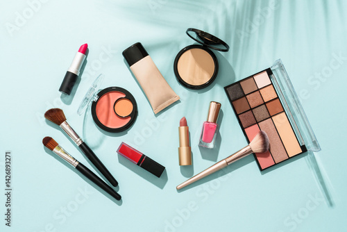 Obraz na płótnie Beauty products for professional make up on blue background. Flat lay. w salonie
