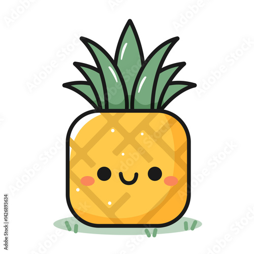 A cute and cheerful pineapple. Square, kawaii. A tropical fruit. Vector image for various designs.