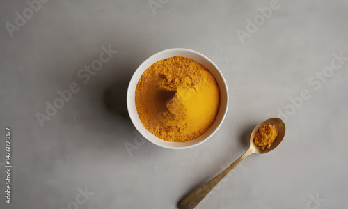 A bowl filled with bright yellow turmeric powder next to a silver spoon, ideal for cooking and baking