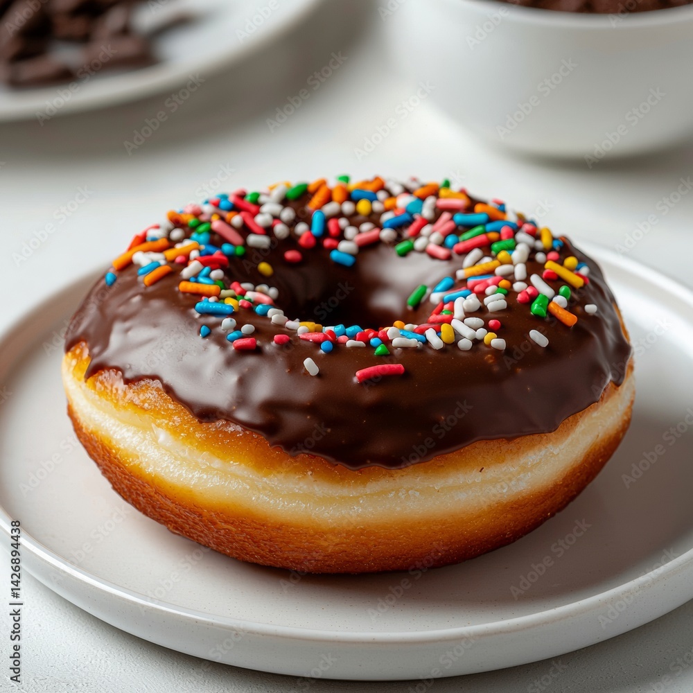 Delicious Chocolate Donut with Colorful Sprinkles on White Plate, Close Up Delicious Chocolate Donut with Colorful Sprinkles on White Plate, Close Up