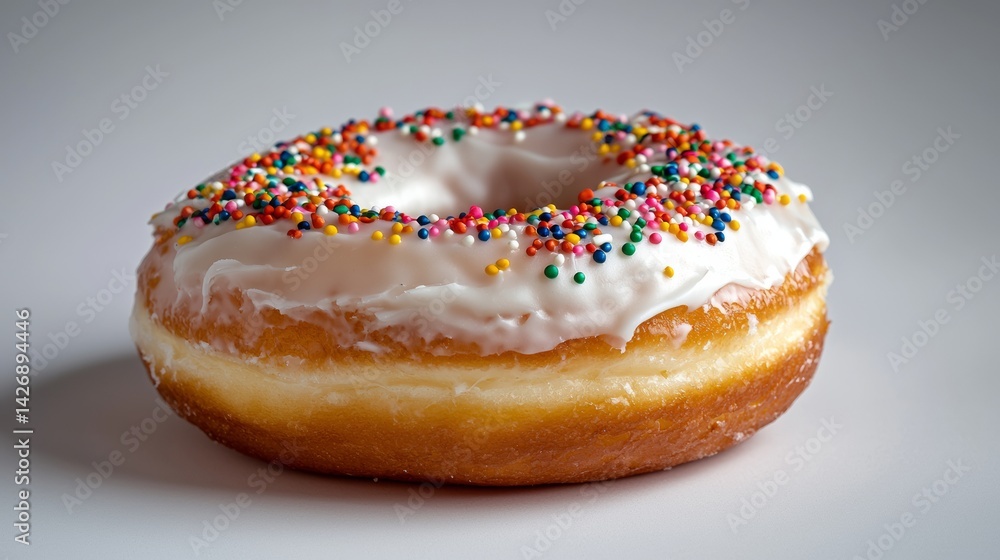 Delicious glazed donut with colorful sprinkles. Sweet treat temptation, indulgence Delicious glazed donut with colorful sprinkles. Sweet treat temptation, indulgence