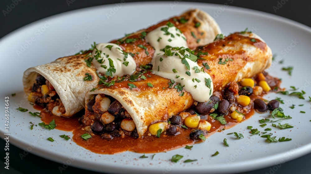 Delicious Homemade Enchiladas with Black Beans, Corn and Cream Topping Delicious Homemade Enchiladas with Black Beans, Corn and Cream Topping