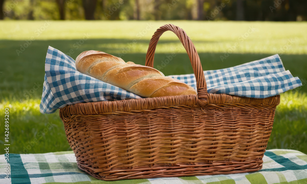 Fresh bread sitting on a colorful checkered tablecloth, ideal for still life photography or rustic-themed designs