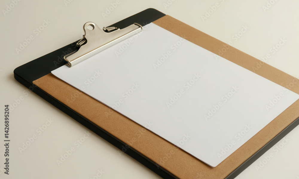 A blank notebook and a clipboard on a desk, suitable for office or school use