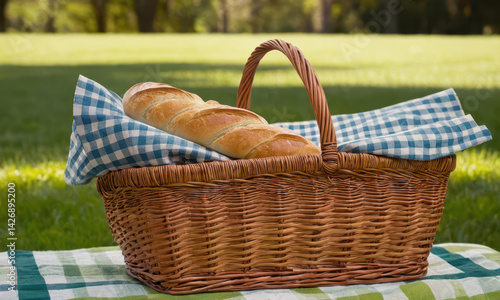 Obraz na płótnie Fresh bread sitting on a colorful checkered tablecloth, ideal for still life photography or rustic-themed designs w salonie