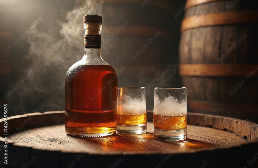 Whiskey bottle with two frosted glasses on wooden barrel. Dark aged alcohol drink with ice. Spirit, bourbon, scotch. Beverage for tasting in bar or pub with nobody. Whiskey bottle with two frosted glasses on wooden barrel. Dark aged alcohol drink with ice. Spirit, bourbon, scotch. Beverage for tasting in bar or pub with nobody.