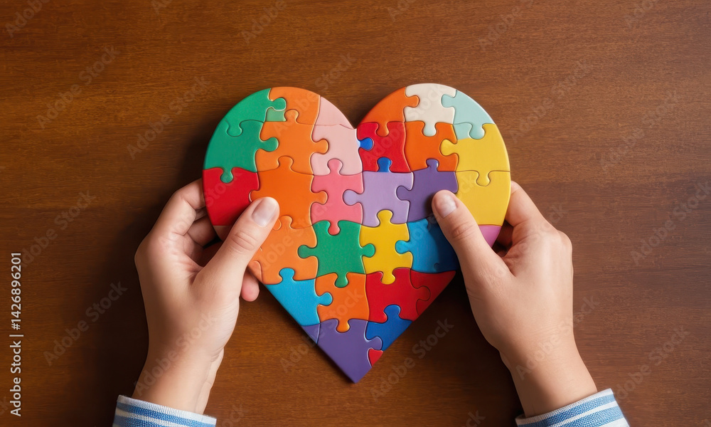 A person holds a unique heart-shaped object created from puzzle pieces, symbolizing love and connection