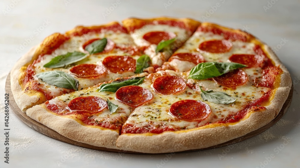 Delicious Pepperoni Pizza with Basil, Ready to Eat and Share with Friends Delicious Pepperoni Pizza with Basil, Ready to Eat and Share with Friends